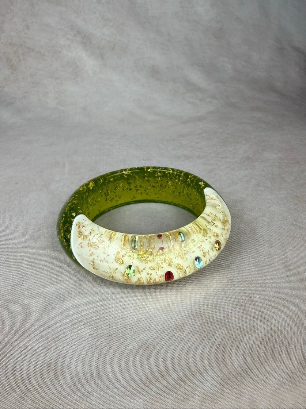 Vintage 1970s Lucite Gold Foil Bracelet Green Base Mod MCM Chunky Bangle